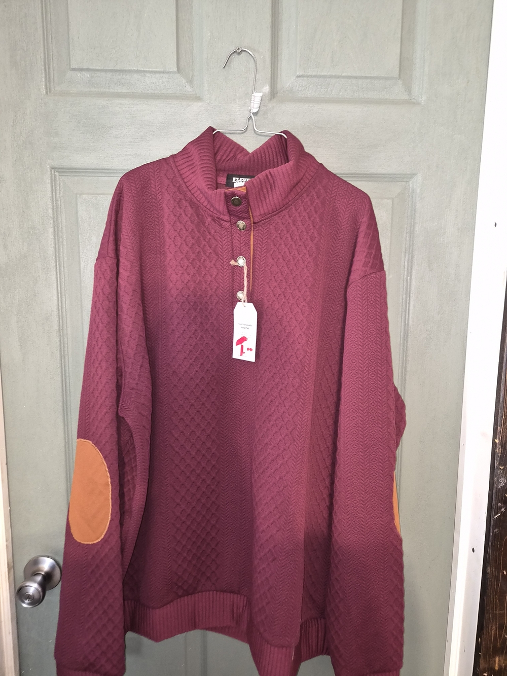 Textured Snap-Front Pullover in Deep Berry with Tan Elbow Detail